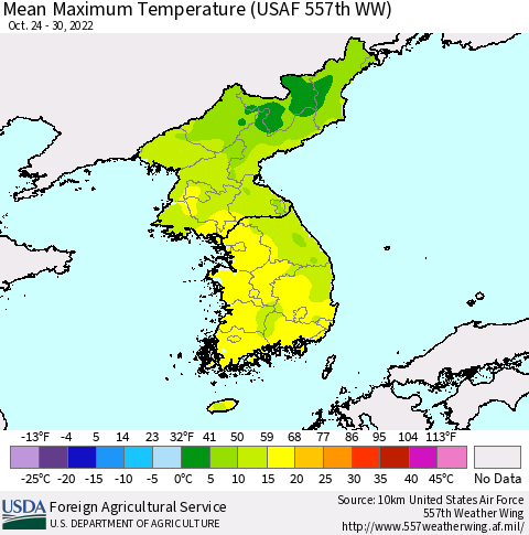 Korea Mean Maximum Temperature (USAF 557th WW) Thematic Map For 10/24/2022 - 10/30/2022