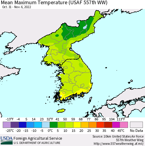 Korea Mean Maximum Temperature (USAF 557th WW) Thematic Map For 10/31/2022 - 11/6/2022