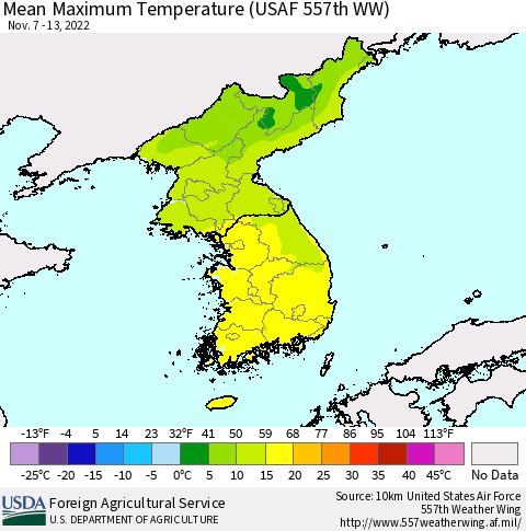 Korea Mean Maximum Temperature (USAF 557th WW) Thematic Map For 11/7/2022 - 11/13/2022