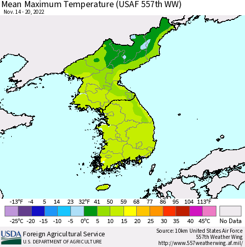 Korea Mean Maximum Temperature (USAF 557th WW) Thematic Map For 11/14/2022 - 11/20/2022