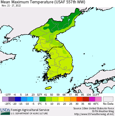 Korea Mean Maximum Temperature (USAF 557th WW) Thematic Map For 11/21/2022 - 11/27/2022
