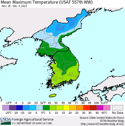 Korea Mean Maximum Temperature (USAF 557th WW) Thematic Map For 11/28/2022 - 12/4/2022