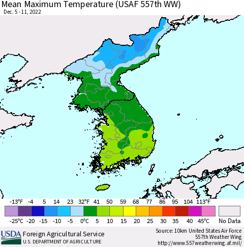 Korea Mean Maximum Temperature (USAF 557th WW) Thematic Map For 12/5/2022 - 12/11/2022