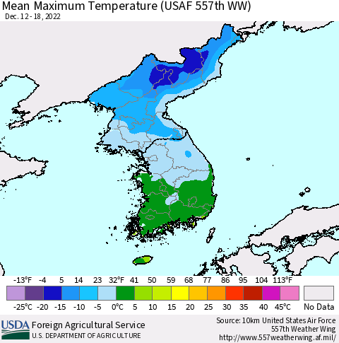 Korea Mean Maximum Temperature (USAF 557th WW) Thematic Map For 12/12/2022 - 12/18/2022