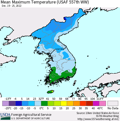 Korea Mean Maximum Temperature (USAF 557th WW) Thematic Map For 12/19/2022 - 12/25/2022