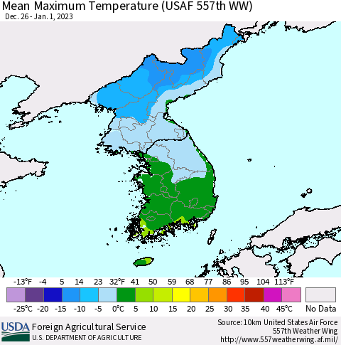 Korea Mean Maximum Temperature (USAF 557th WW) Thematic Map For 12/26/2022 - 1/1/2023