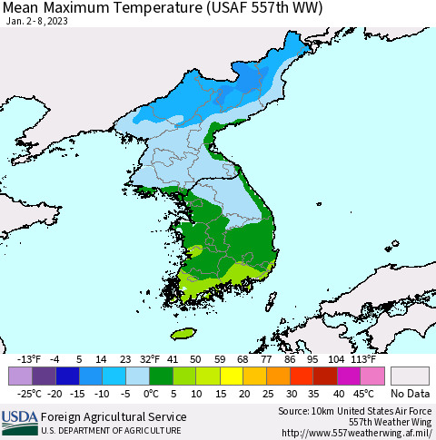 Korea Mean Maximum Temperature (USAF 557th WW) Thematic Map For 1/2/2023 - 1/8/2023