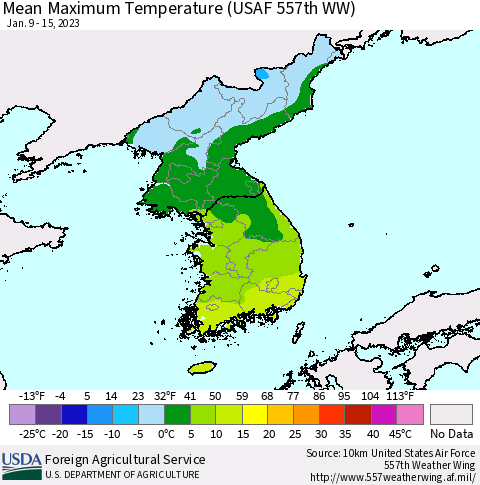 Korea Mean Maximum Temperature (USAF 557th WW) Thematic Map For 1/9/2023 - 1/15/2023