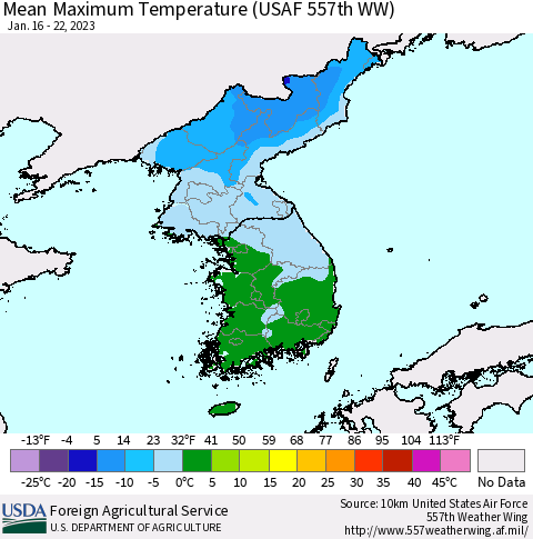 Korea Mean Maximum Temperature (USAF 557th WW) Thematic Map For 1/16/2023 - 1/22/2023