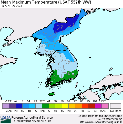 Korea Mean Maximum Temperature (USAF 557th WW) Thematic Map For 1/23/2023 - 1/29/2023