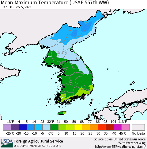 Korea Mean Maximum Temperature (USAF 557th WW) Thematic Map For 1/30/2023 - 2/5/2023