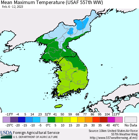 Korea Mean Maximum Temperature (USAF 557th WW) Thematic Map For 2/6/2023 - 2/12/2023