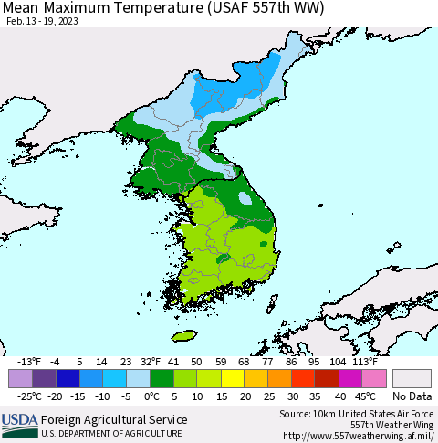 Korea Mean Maximum Temperature (USAF 557th WW) Thematic Map For 2/13/2023 - 2/19/2023