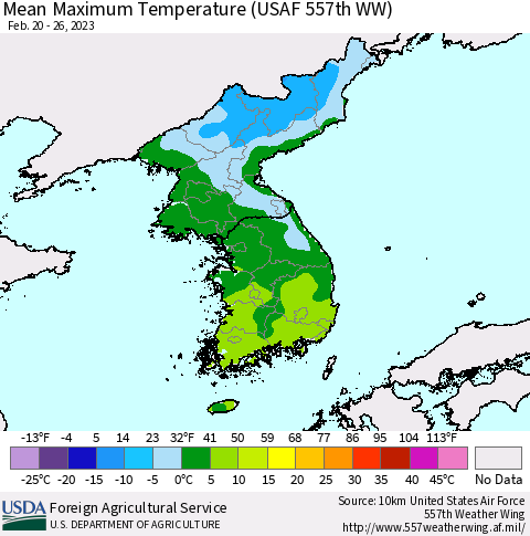 Korea Mean Maximum Temperature (USAF 557th WW) Thematic Map For 2/20/2023 - 2/26/2023