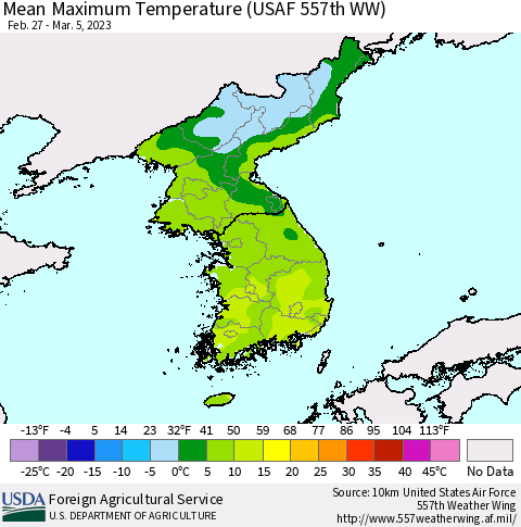 Korea Mean Maximum Temperature (USAF 557th WW) Thematic Map For 2/27/2023 - 3/5/2023