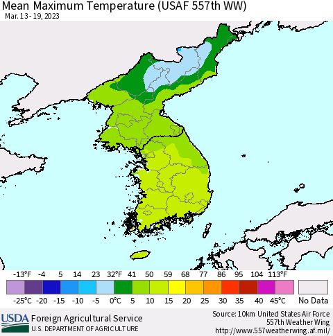 Korea Mean Maximum Temperature (USAF 557th WW) Thematic Map For 3/13/2023 - 3/19/2023