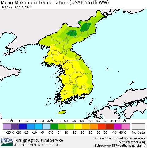 Korea Mean Maximum Temperature (USAF 557th WW) Thematic Map For 3/27/2023 - 4/2/2023