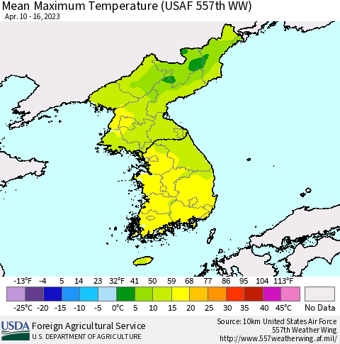 Korea Mean Maximum Temperature (USAF 557th WW) Thematic Map For 4/10/2023 - 4/16/2023