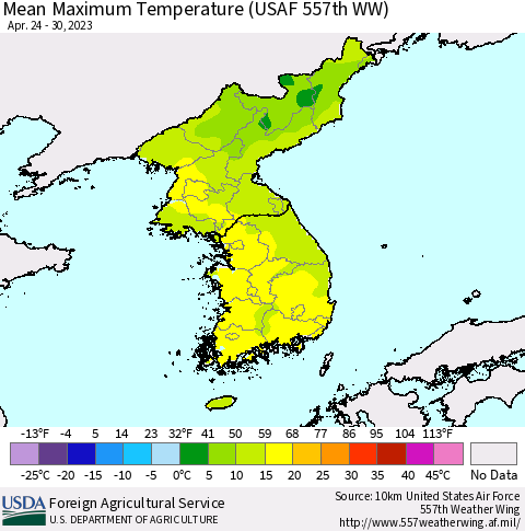 Korea Mean Maximum Temperature (USAF 557th WW) Thematic Map For 4/24/2023 - 4/30/2023