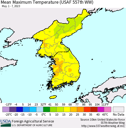 Korea Mean Maximum Temperature (USAF 557th WW) Thematic Map For 5/1/2023 - 5/7/2023