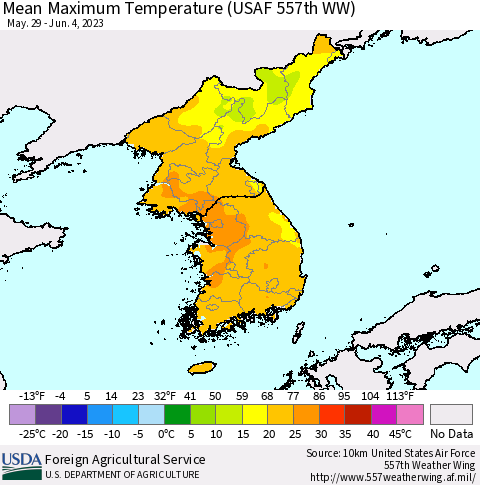 Korea Mean Maximum Temperature (USAF 557th WW) Thematic Map For 5/29/2023 - 6/4/2023