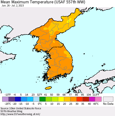 Korea Mean Maximum Temperature (USAF 557th WW) Thematic Map For 6/26/2023 - 7/2/2023