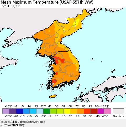Korea Mean Maximum Temperature (USAF 557th WW) Thematic Map For 9/4/2023 - 9/10/2023