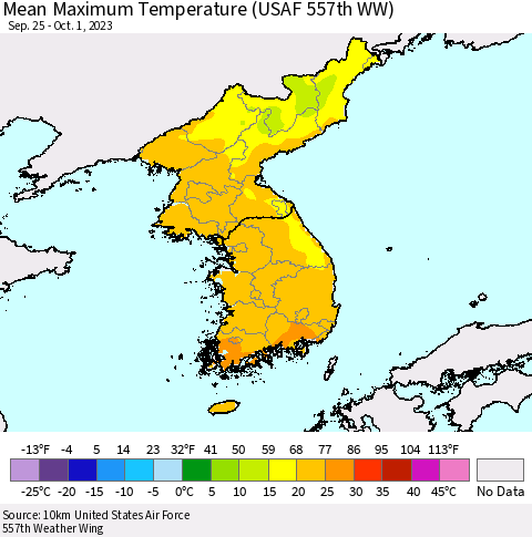 Korea Mean Maximum Temperature (USAF 557th WW) Thematic Map For 9/25/2023 - 10/1/2023