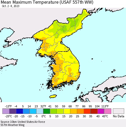 Korea Mean Maximum Temperature (USAF 557th WW) Thematic Map For 10/2/2023 - 10/8/2023