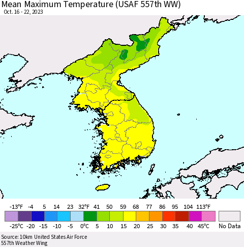 Korea Mean Maximum Temperature (USAF 557th WW) Thematic Map For 10/16/2023 - 10/22/2023