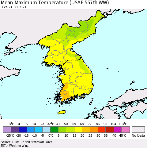 Korea Mean Maximum Temperature (USAF 557th WW) Thematic Map For 10/23/2023 - 10/29/2023