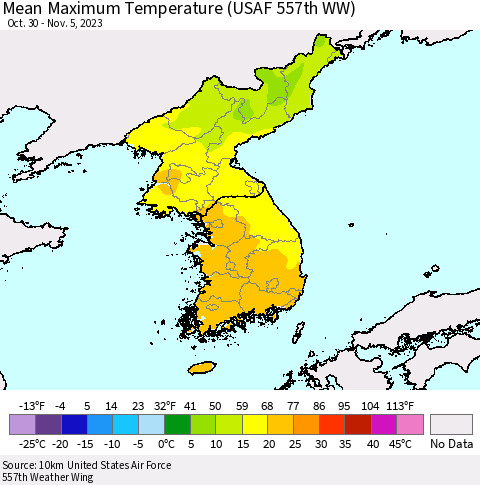 Korea Mean Maximum Temperature (USAF 557th WW) Thematic Map For 10/30/2023 - 11/5/2023