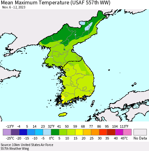 Korea Mean Maximum Temperature (USAF 557th WW) Thematic Map For 11/6/2023 - 11/12/2023