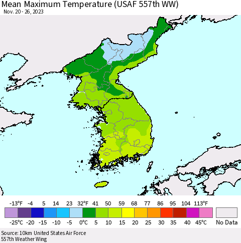 Korea Mean Maximum Temperature (USAF 557th WW) Thematic Map For 11/20/2023 - 11/26/2023