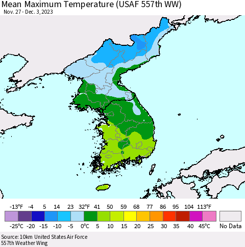 Korea Mean Maximum Temperature (USAF 557th WW) Thematic Map For 11/27/2023 - 12/3/2023