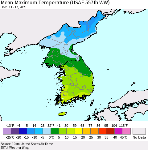 Korea Mean Maximum Temperature (USAF 557th WW) Thematic Map For 12/11/2023 - 12/17/2023