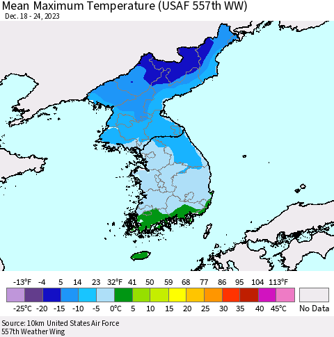 Korea Mean Maximum Temperature (USAF 557th WW) Thematic Map For 12/18/2023 - 12/24/2023