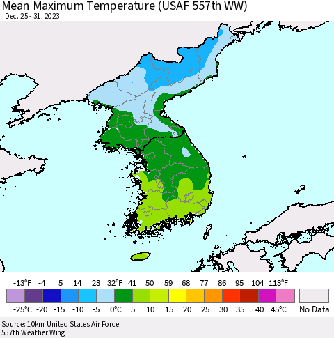 Korea Mean Maximum Temperature (USAF 557th WW) Thematic Map For 12/25/2023 - 12/31/2023