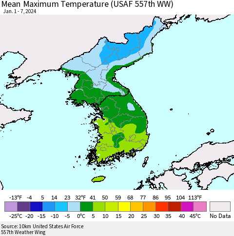 Korea Mean Maximum Temperature (USAF 557th WW) Thematic Map For 1/1/2024 - 1/7/2024