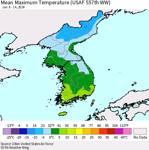 Korea Mean Maximum Temperature (USAF 557th WW) Thematic Map For 1/8/2024 - 1/14/2024