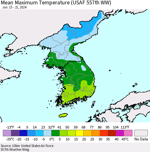 Korea Mean Maximum Temperature (USAF 557th WW) Thematic Map For 1/15/2024 - 1/21/2024