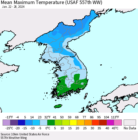 Korea Mean Maximum Temperature (USAF 557th WW) Thematic Map For 1/22/2024 - 1/28/2024