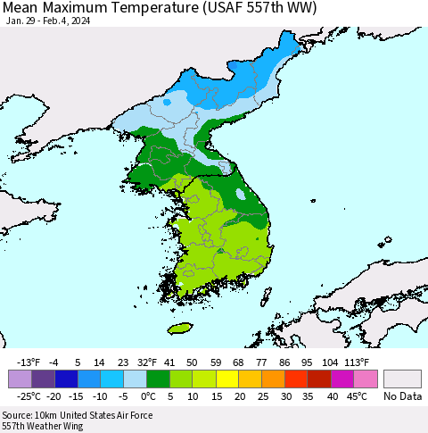 Korea Mean Maximum Temperature (USAF 557th WW) Thematic Map For 1/29/2024 - 2/4/2024