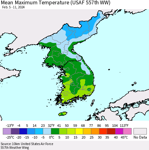 Korea Mean Maximum Temperature (USAF 557th WW) Thematic Map For 2/5/2024 - 2/11/2024