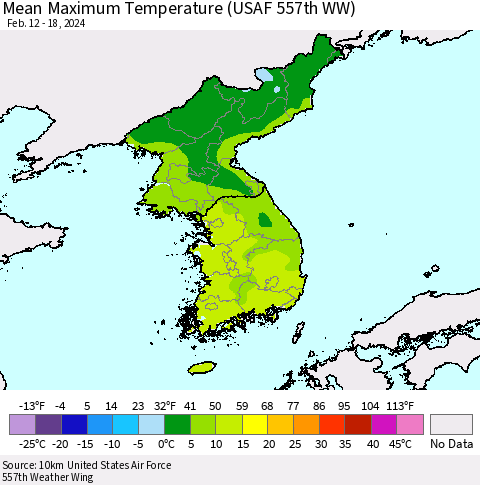 Korea Mean Maximum Temperature (USAF 557th WW) Thematic Map For 2/12/2024 - 2/18/2024