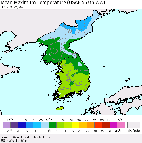Korea Mean Maximum Temperature (USAF 557th WW) Thematic Map For 2/19/2024 - 2/25/2024