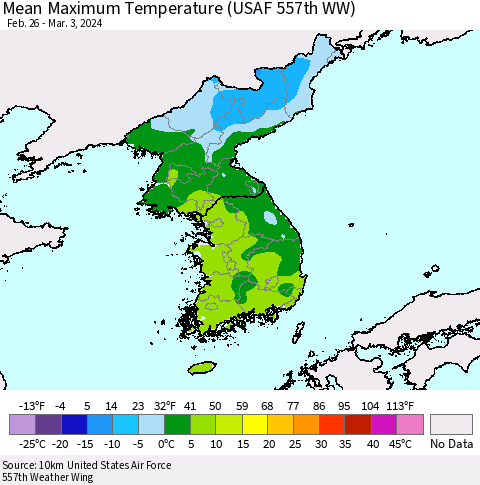Korea Mean Maximum Temperature (USAF 557th WW) Thematic Map For 2/26/2024 - 3/3/2024