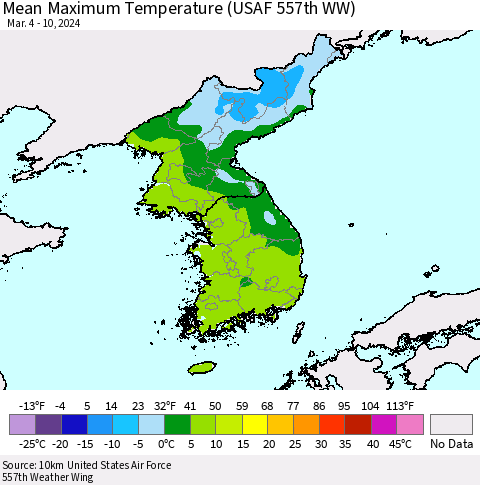 Korea Mean Maximum Temperature (USAF 557th WW) Thematic Map For 3/4/2024 - 3/10/2024