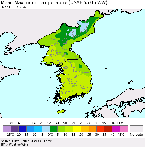 Korea Mean Maximum Temperature (USAF 557th WW) Thematic Map For 3/11/2024 - 3/17/2024