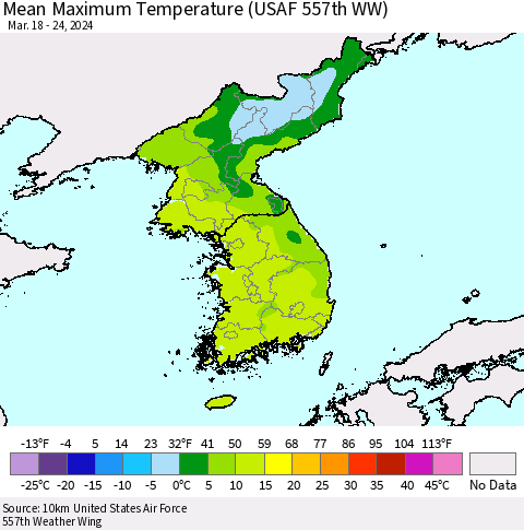 Korea Mean Maximum Temperature (USAF 557th WW) Thematic Map For 3/18/2024 - 3/24/2024
